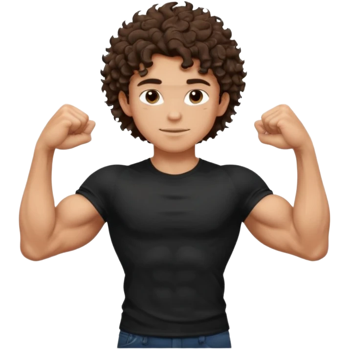 muscular teen boy with veiny hands arms and biceps. has messy brunette curly hair with tan skintone with black tshirt emoji
