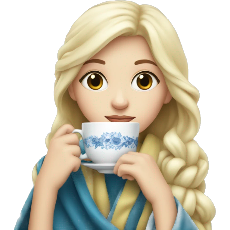 White blonde Girl drinking tea with blanket on, blue eyes  emoji