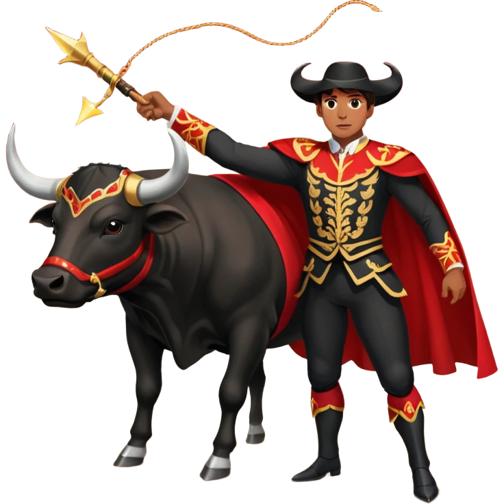 Create a realistic image of a traditional bullfighting scene in a Spanish arena.
Show a bullfighter (matador) HOLDING a red cape (muleta) not wearing one. as a powerful black bull charges toward it. emoji
