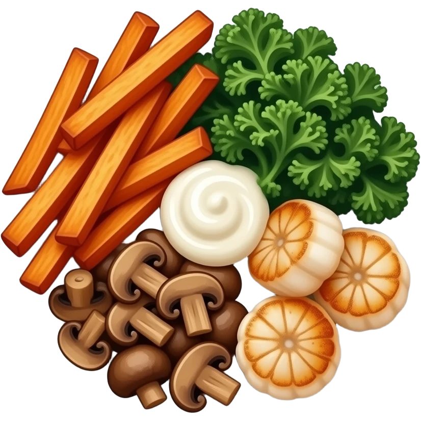 Realistic plate of sweet potato fries, kale, scallops, mushrooms and sour cream emoji