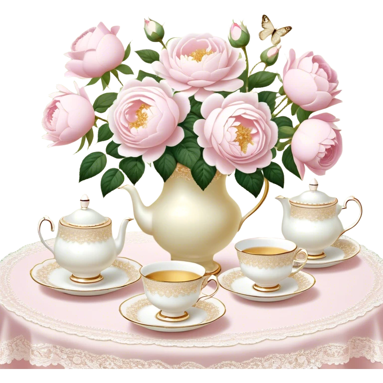 An enchanting garden tea party setting with a vintage lace tablecloth, golden-rimmed porcelain teacups, a centerpiece of light pink roses and white peonies in a pearl-trimmed vase, with delicate pearl butterflies flitting through the soft sunlight.
 emoji