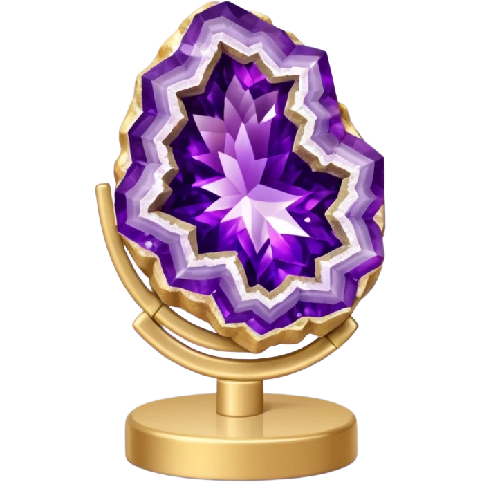 Amethyst cluster geode on a thin metallic gold stand display emoji