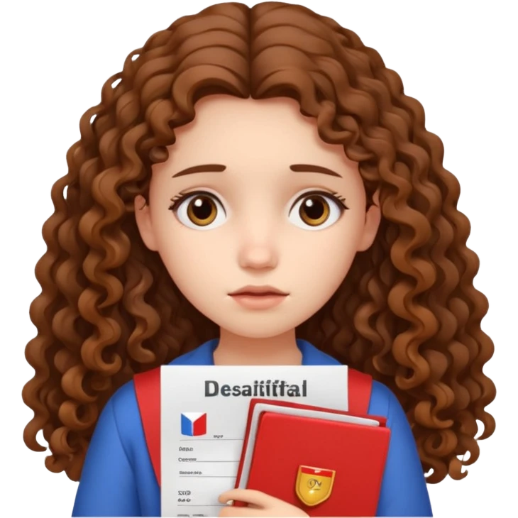 Sad girl with long curly brown hair shows her IELTS certificate with a low score in disappointment emoji