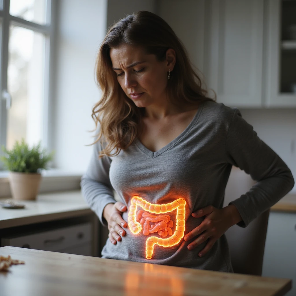 adult woman, photorealistic, intestinal problems, sitting at table with hands on abdomen, intestine illustrated in transparency, painful expression, natural light, kitchen background emoji