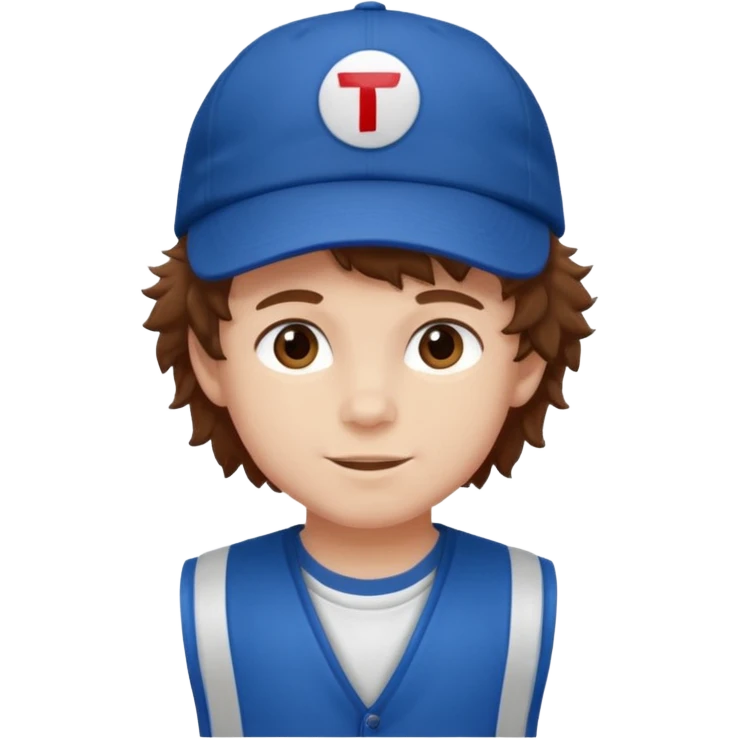 brown fluffy hair kid with blue and white cap dark blue jilet red t shirt emoji