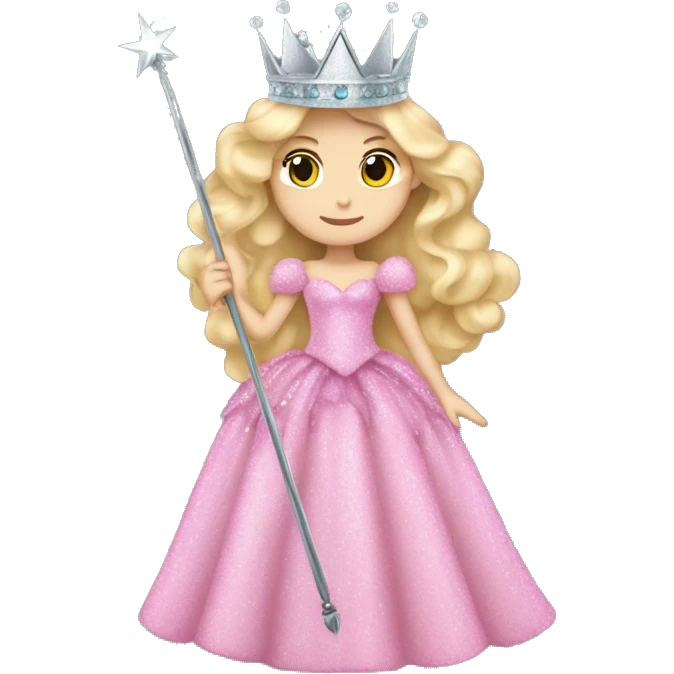 Glinda wicked blond long wavy hair big pink fluffy glittery dress silver crown and silver wand emoji