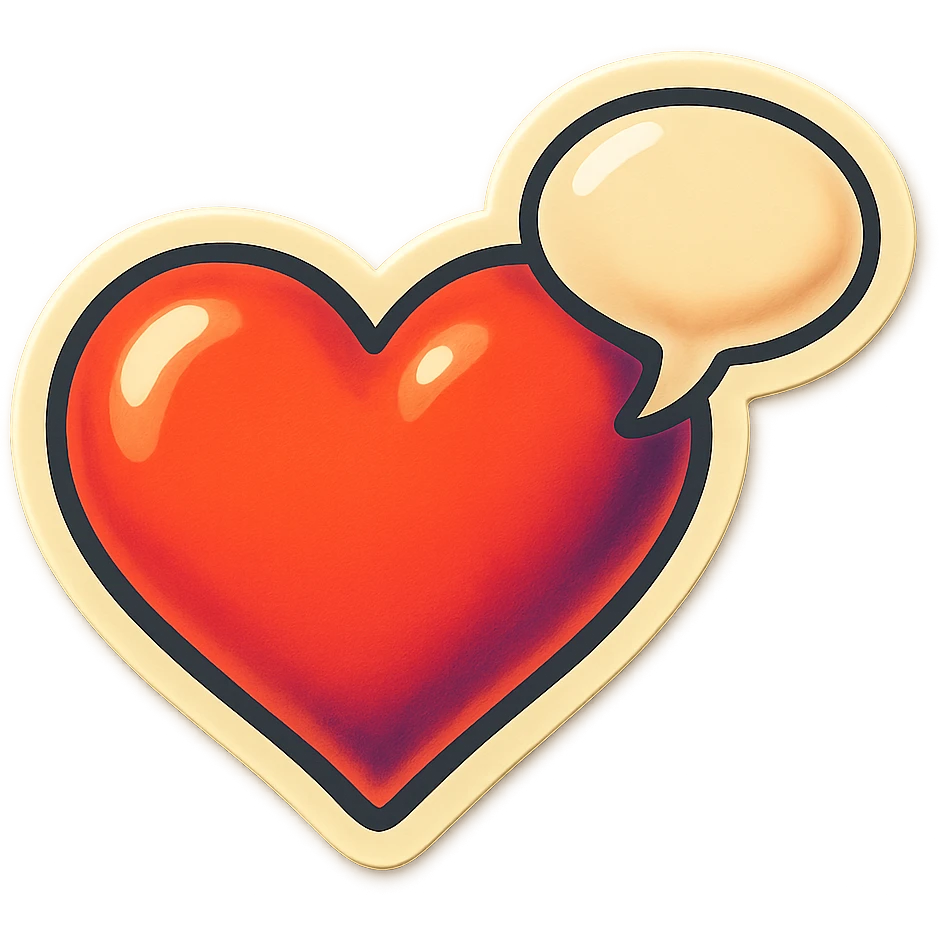retro sticker style heart with a speech bubble, bold and playful emoji
