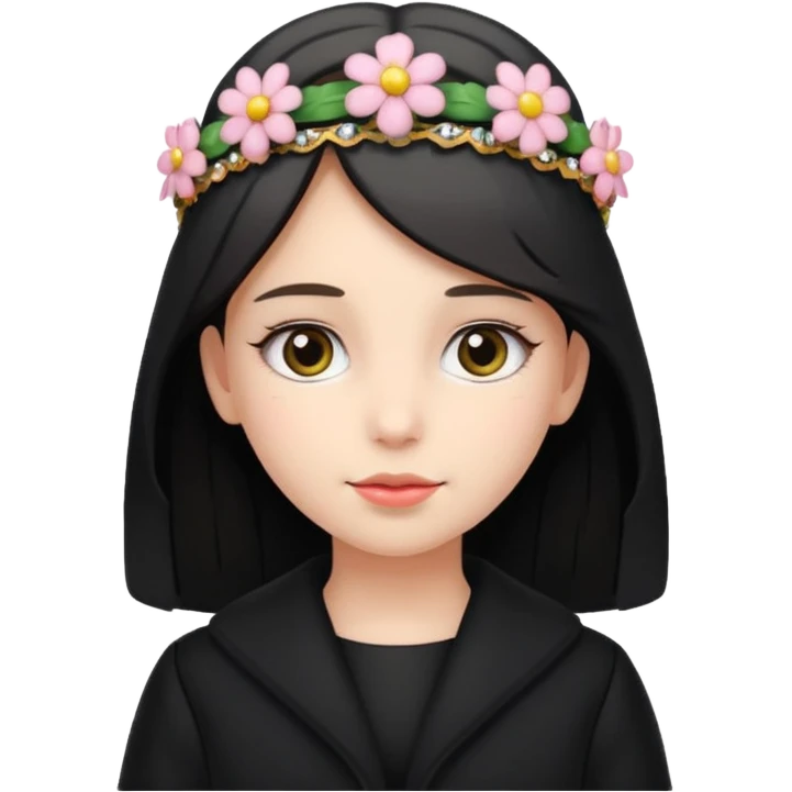 charming girl in black dress code coat flower tiara on head emoji