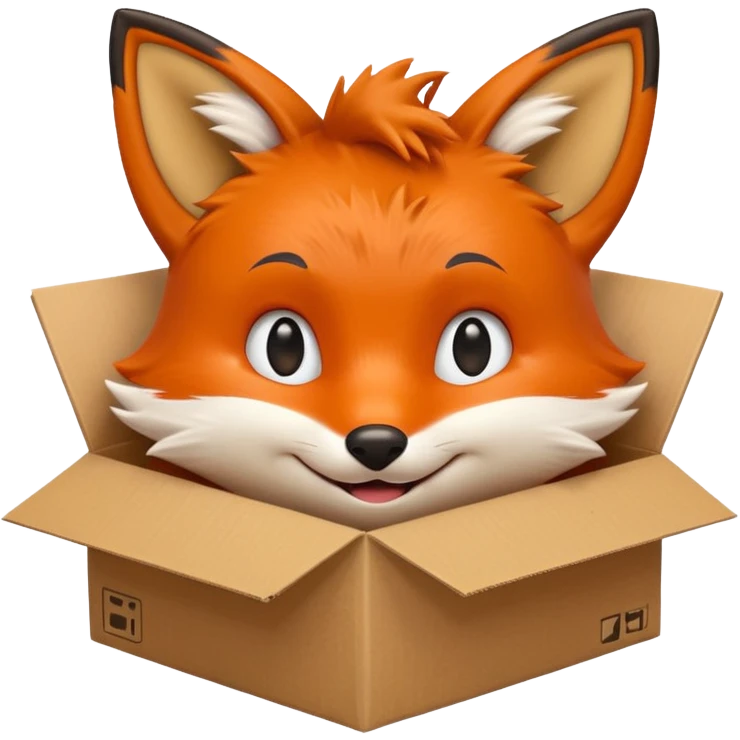 smiling fox peeking out of a box, looking up, emoji style emoji