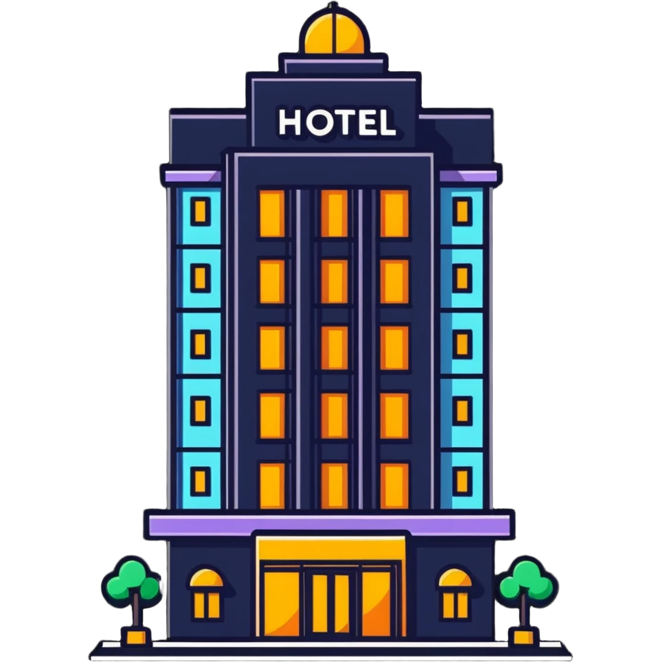 tall hotel building with illuminated sign and entrance emoji