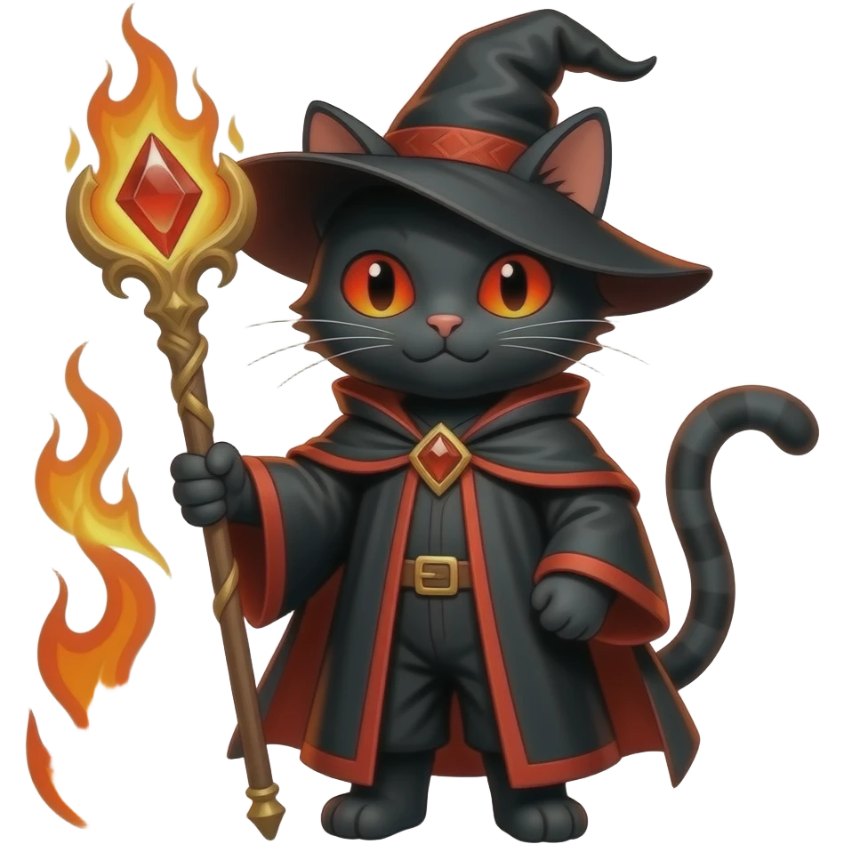 cat fire wizard, fire elements red eyes, staff with firey red gem, black and red outfit emoji