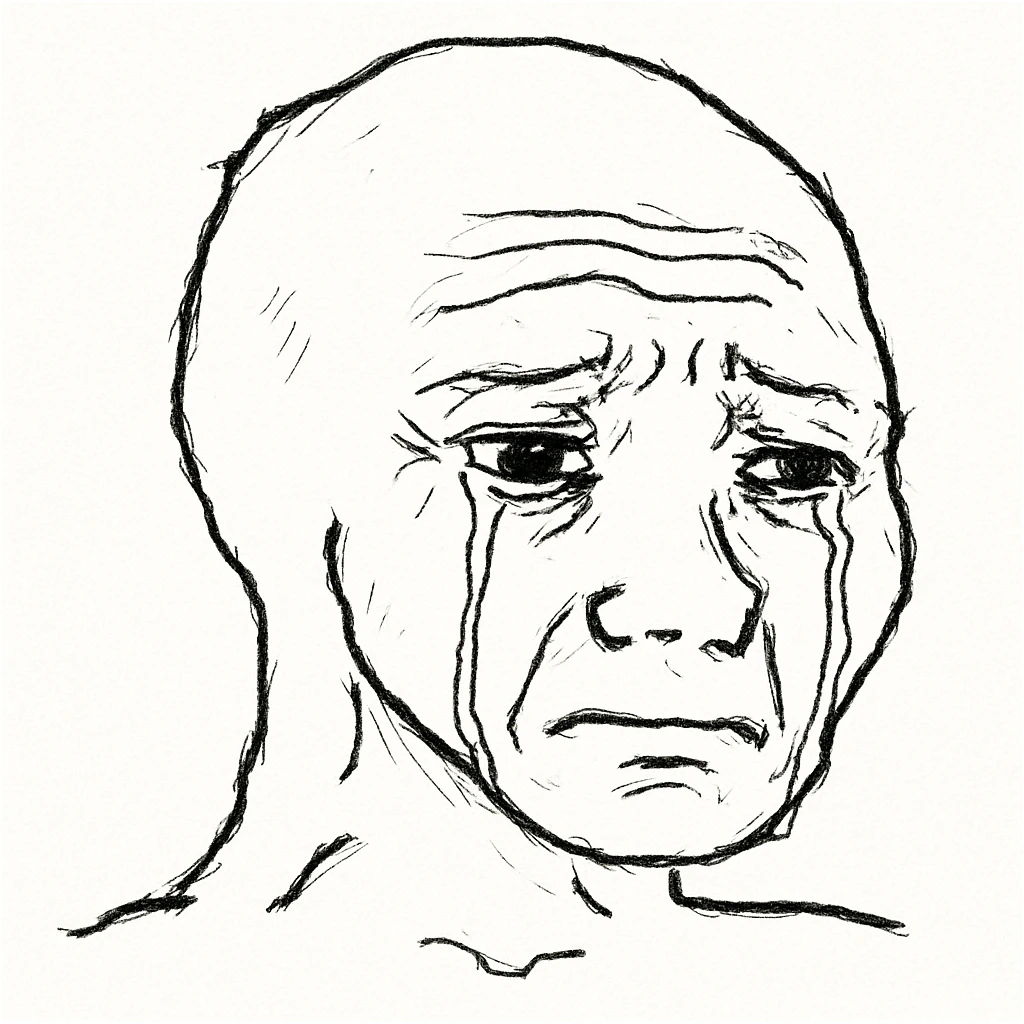 Wojak meme face, sad expression, tears streaming down, simple line art emoji