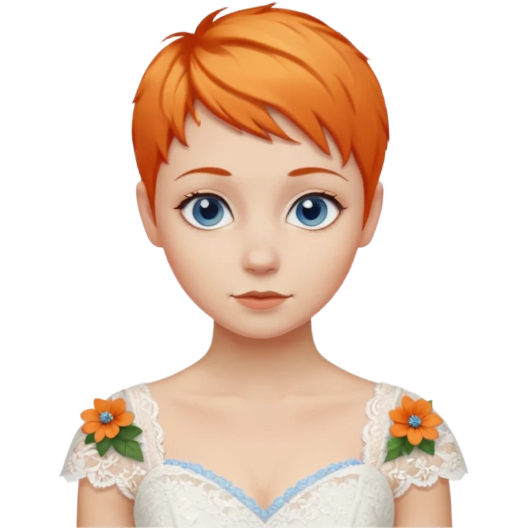 27 year old woman, orange hair, pixie cut, blue eyes, wedding dress emoji