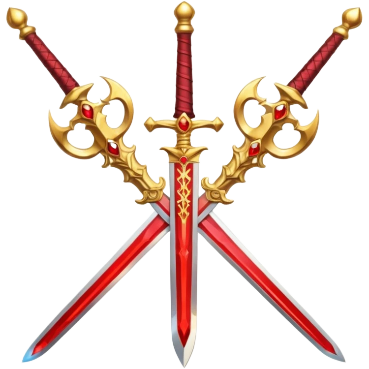 Two crossed swords that are golden in blade and handle and have fiery and royal appearence to them as well as red gem stones emoji