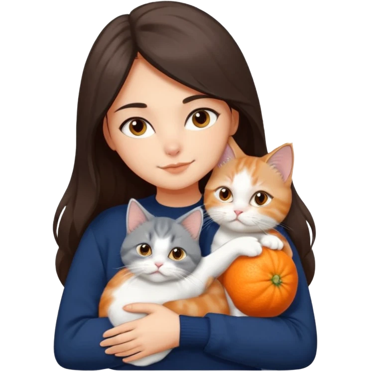 a girl with long dark brown hair, in a navy sweater, hugs a persian peaknose grey cat and persian peaknose orange and white kitten and a persion peaknose brown tabby and white cat emoji