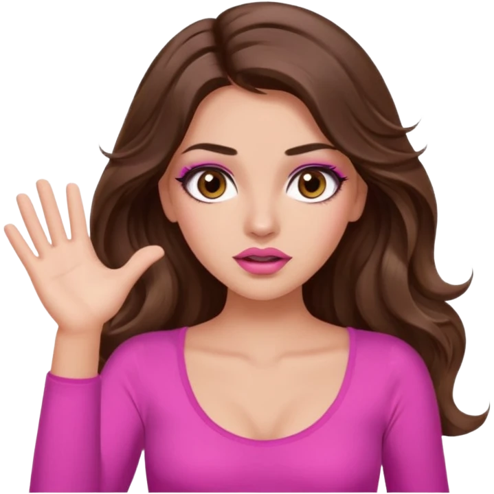 girl with long wavy brown hair, brown eyes, long lashes makeup, sexy pink lips, light to medium complexion, pink sexy top, two hands up, shrugging, confused emoji