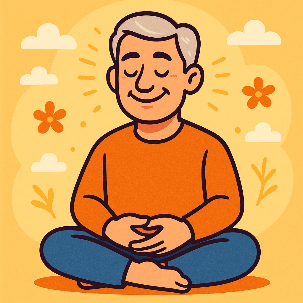 gray haired 50-year old white man peacefully meditating, smiling, back straight, legs crossed, hands in his lap, serene, calm, mindfulness, manifesting, gentle cartoon style emoji