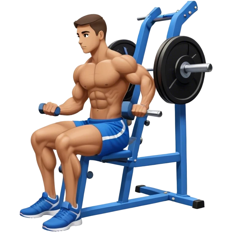 side-view bodybuilder in blue shorts seated weighted calf-raise machine on his tip toes emoji