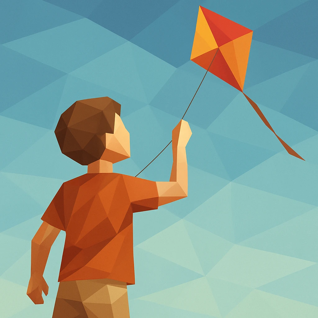 Child flying a kite, arm and string abstracted in linear tension.

 emoji