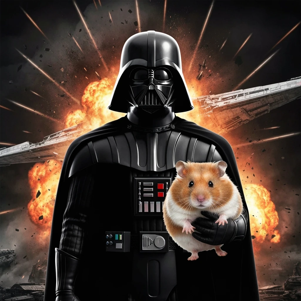 Extreme Closeup Photo of a darth vader holding big hamster, low key light, explosion startship background with leading lines, back light, spot light emoji