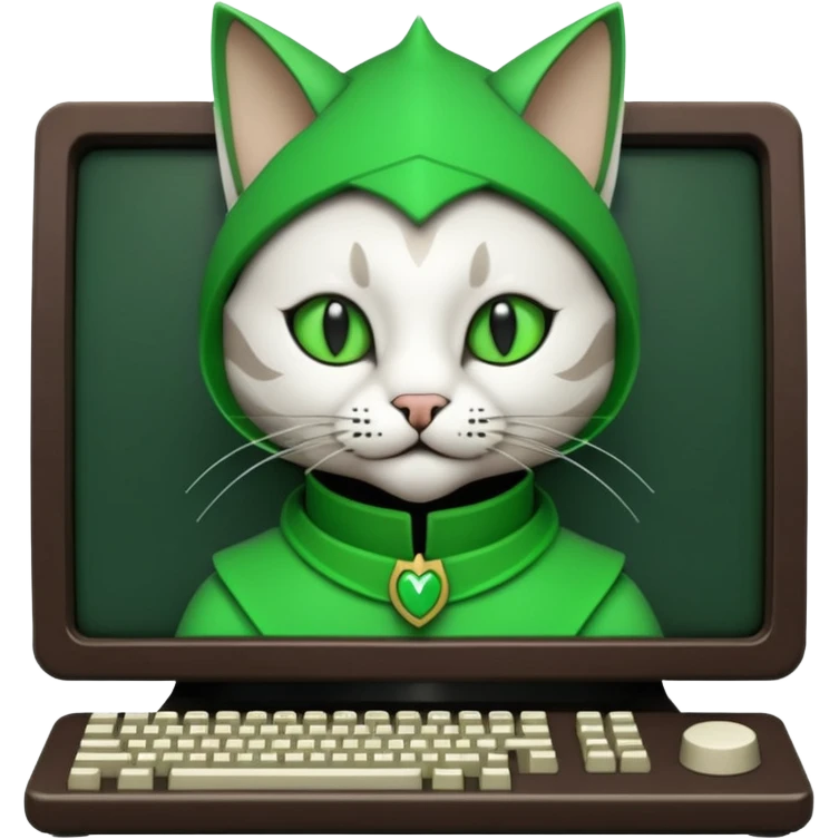 mac os icon code computer retro terminal, black, green white, fantasy court jester cat draw as ASCII GREEN code inside the terminal emoji