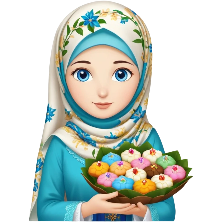 Turkish beautiful finish Konya girl blue eyes with lilies floral hijab islamic dress and had on her hand text Eid Mubarak with sweets and celebrating with her friends eid days   emoji
