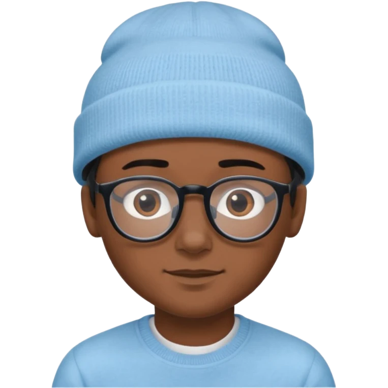 A boy or man emoji with medium-dark skin, wearing a light blue beanie and black-framed glasses, with brown eyes, dark eyebrows, a small nose, and a subtle smile on a clean-shaven face. emoji