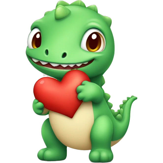 Cute baby green dinasour with red heart in his hand emoji
