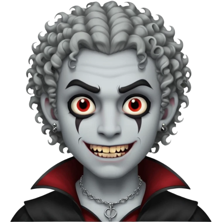Vampire with grey skin, fanged teeth, piercings on eyebrow, two dermal piercings on cheek, and curly hair male emoji