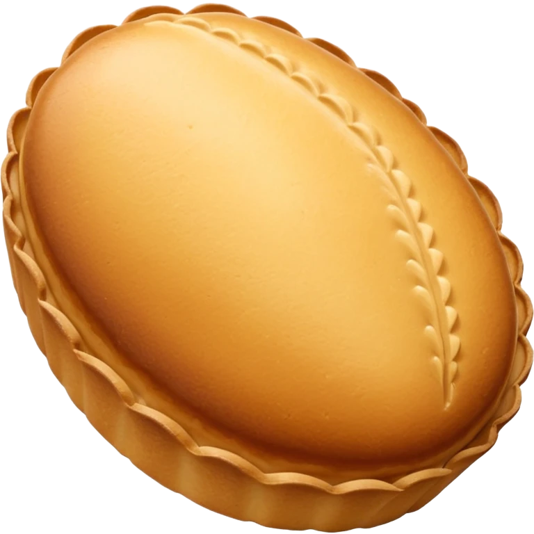 A madeleine pastry. Oval shaped with vertical lines going in the same direction as the oval. Light golden brown. Scalloped edge. Cookie. Stretched out oval emoji