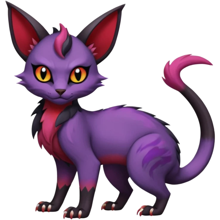 Black edgy Noivern-Noibat-Purloin-Torracat-Lykoi-Caracal-cat-Fakemon-fusion-hybrid-creature with violet and red scale markings emoji