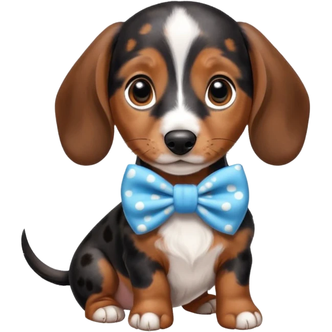 Spotted dachshund puppy with blue bow on ear￼ emoji