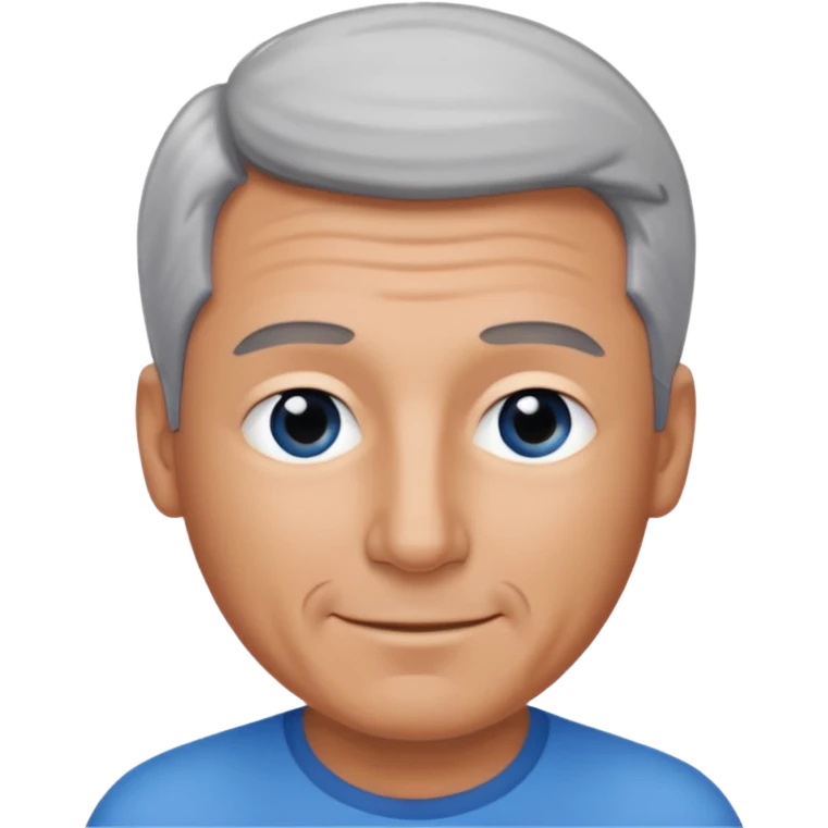 Middle aged man with tanned skin, receding black to grey hair and no beard, blue eyes, shy smile emoji