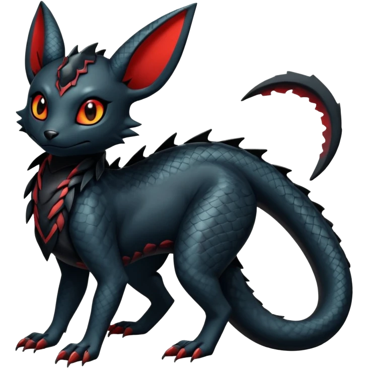 Sophisticated Modern Gothic Gloomy Futuristic Scaly Cyber-Salandit-Umbreon-Litten-Hybrid (Full body) emoji