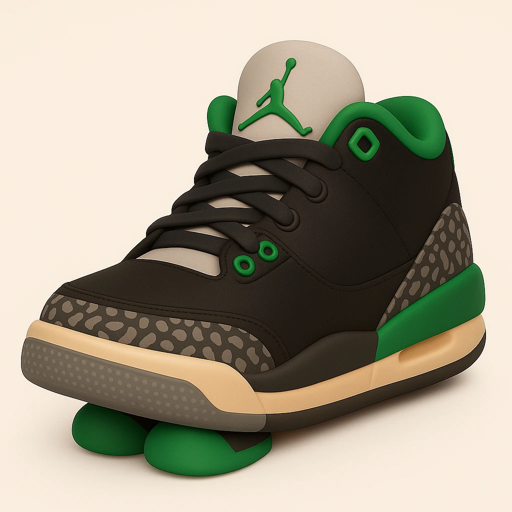 Create a sneaker character with no face, arms and legs, in a sitting pose, inspired by 3D emoji style. The style should reflect the look of Microsoft style 3D fluent emojis, focusing on the sneaker character's relaxed sitting pose. emoji