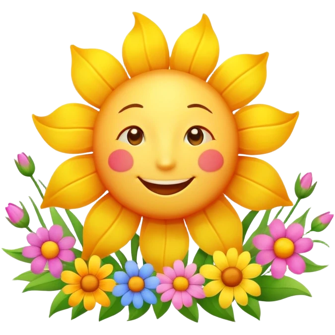 Happy smiling sun character with spring flowers blooming around it emoji