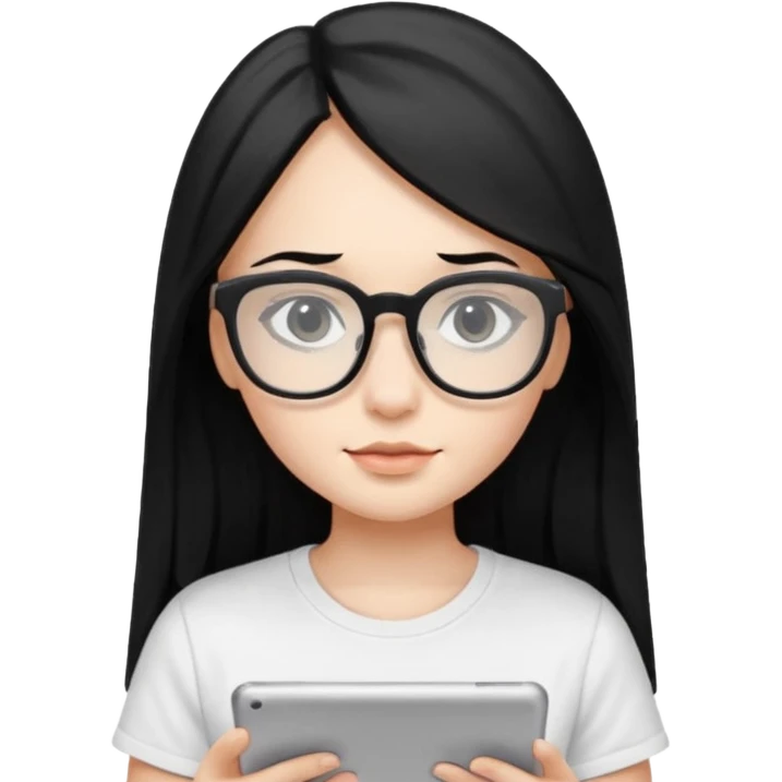Long black hair girl in a white T-shirt and black square glasses  studying with an Ipad. emoji