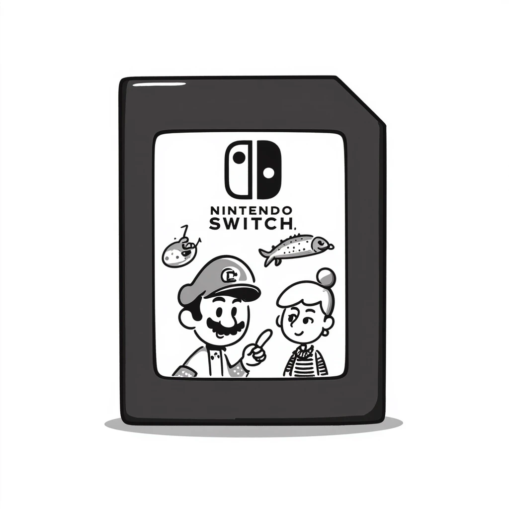 A hand-drawn Nintendo Switch game cartridge with game characters sketched on the label emoji