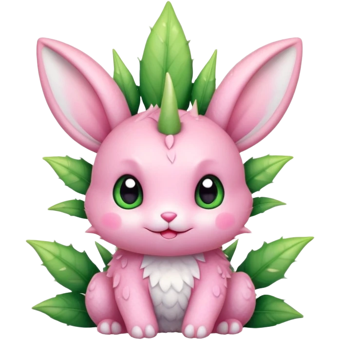 Kawaii bunny plant dragon with tiny spikes, extremely cute, giant sparkly eyes, blushing cheeks, pastel colors, small mouth, adorable expression emoji