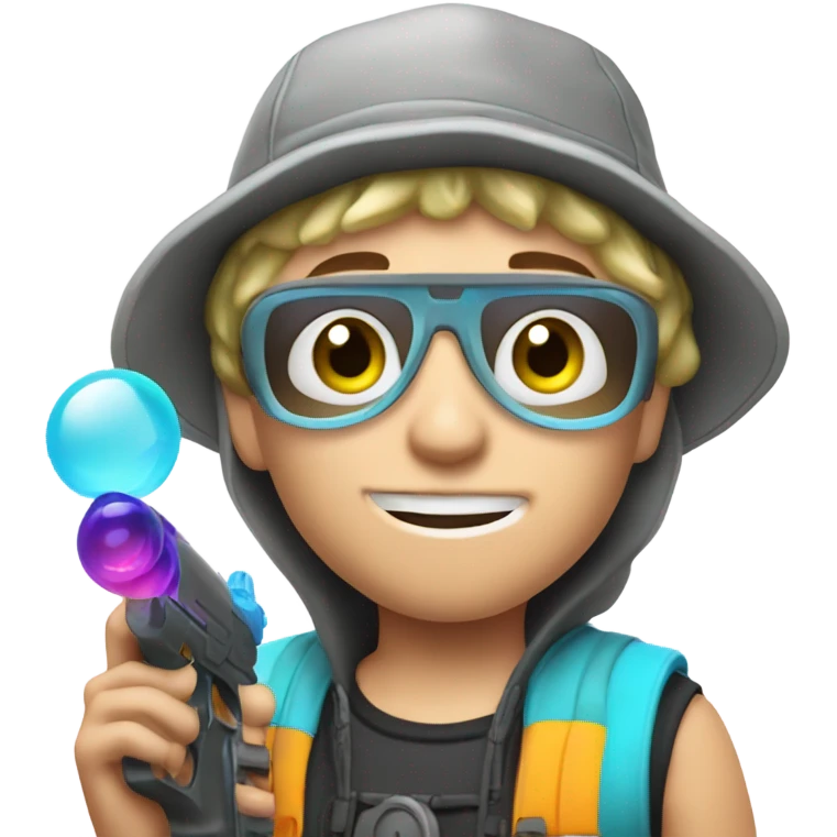 Caucasian boy in rave gear with mask and hat and shooting a bubble gun emoji