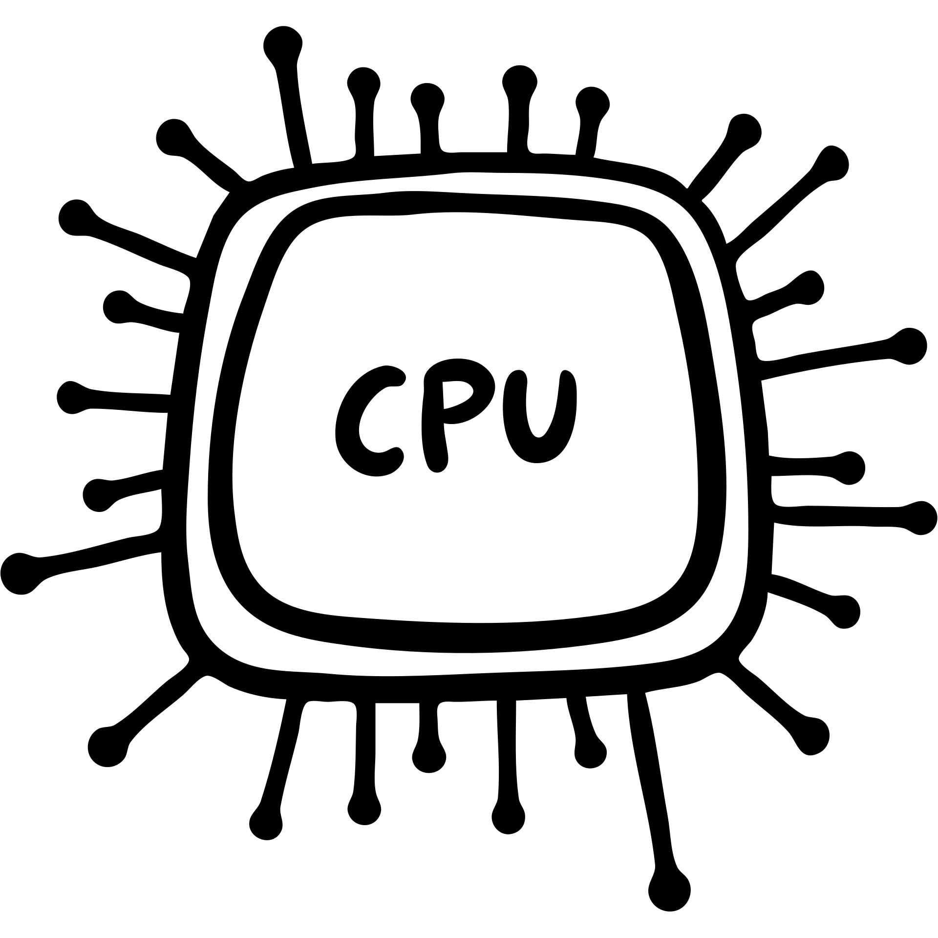 Central Processing Unit (CPU) microchip with simple circuit pattern details. A hand-drawn processor icon with the text 'CPU' emoji