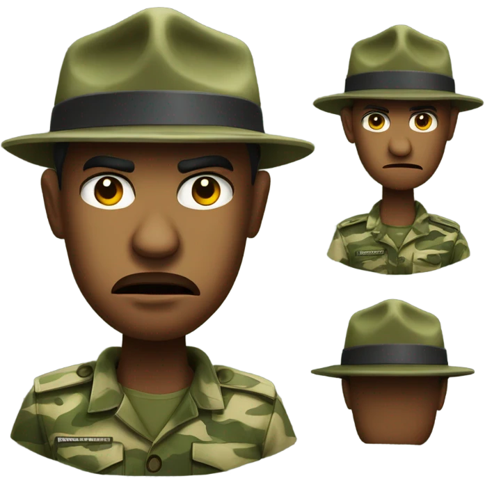 drill sergeant character wearing a classic sergeant hat and a camouflage army shirt. The character should have an angry intense expression. full torso emoji
