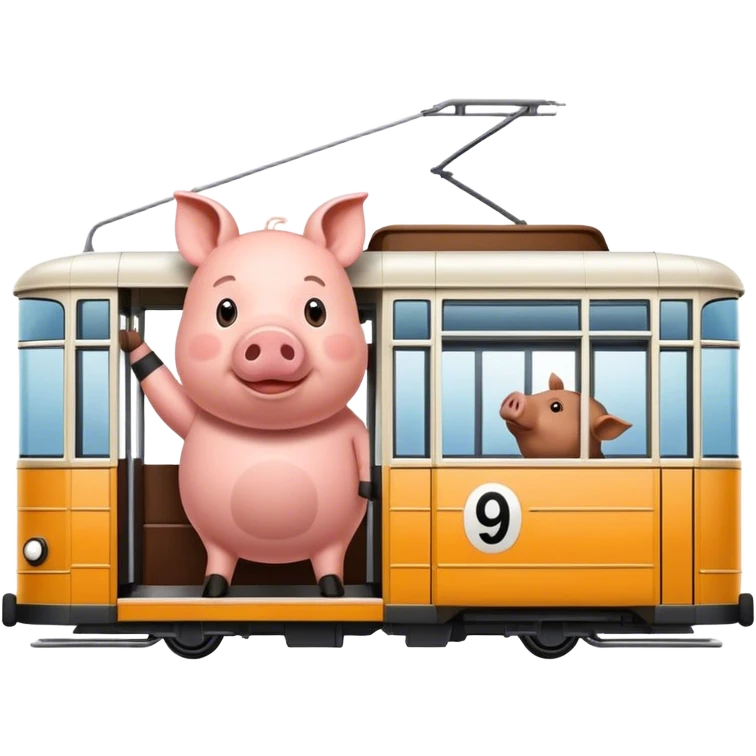 A pig driving in a tram with the no. 9 as a sign on it emoji