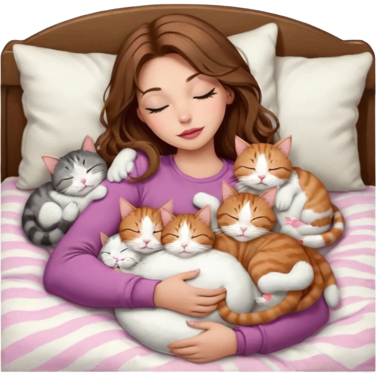 girl with long wavy brown hair, brown eyes, long lashes makeup, sexy pink lips, light to medium complexion,  sleeping on a cozy pillow, with 6 cats: 1 brown and white tabby cat, 1 ginger and white, 2 grey and white, 1 grey with white mittens and small white patch on chest and 1 calico, sleeping emoji