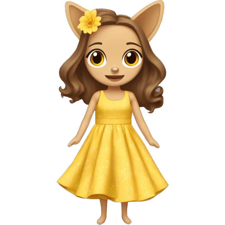 crea a una persona de cabello largo castaño, test blanca en un parque lleno de flores, que ella luzca con vestido amarillo y al lado tenga su mascota una chihuahua con un vestido amarillo también, las dos deben verse paseando en el parque  emoji