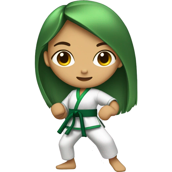 morena skin girl with a karate green belt and one leg kicking very high long hair emoji