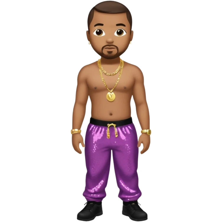 Timbaland with dark brown hair, black sequin baggy pants, shirtless with necklace emoji