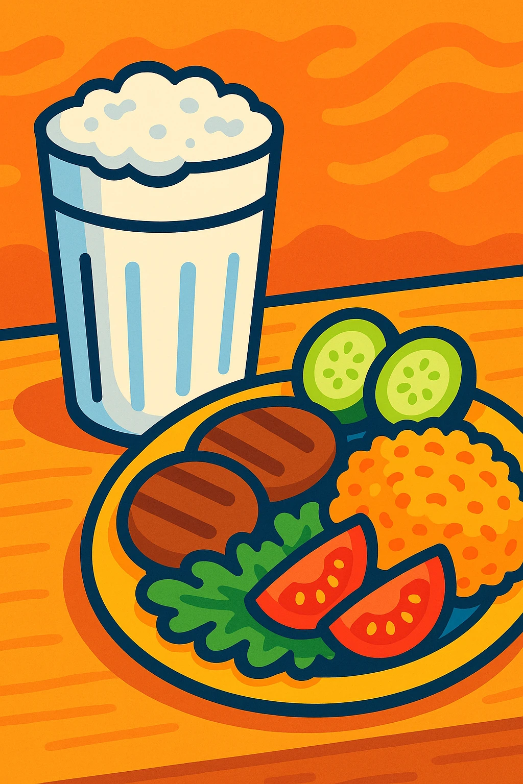 Bir bardak ayran, yanında yemekle birlikte, eğlenceli ve renkli bir tarzda, vibrant toon style emoji