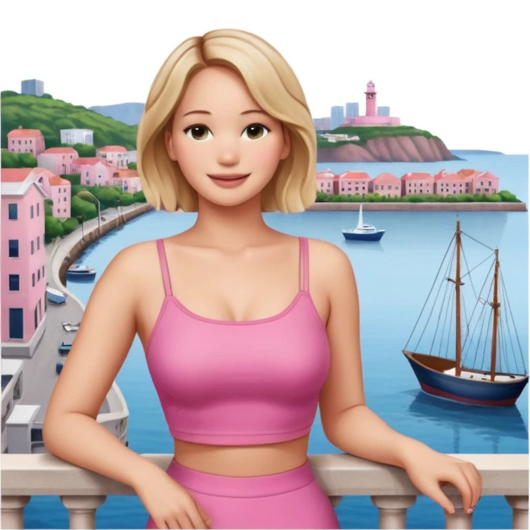 jennifer lawrence, pink crop top leaning on a balcony with a harbor and cityscape in the background, smiling emoji