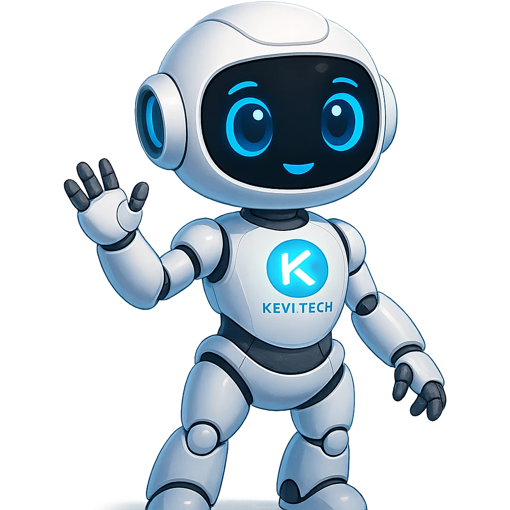 Lonna, the intelligent robot mascot of Keyi Tech, friendly and futuristic style, sleek white and blue body, expressive digital eyes, glowing Keyi Tech logo on chest emoji